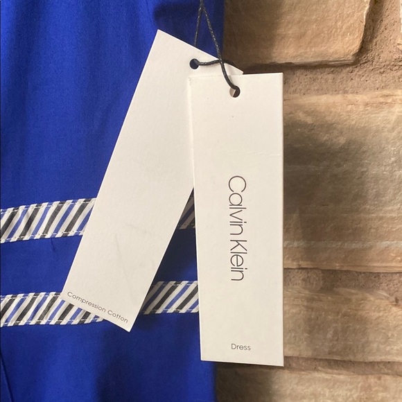 CALVIN KLEIN Women's Blue a-line sleeveless DRESS with pinstripe trim Size 10 - Picture 6 of 11